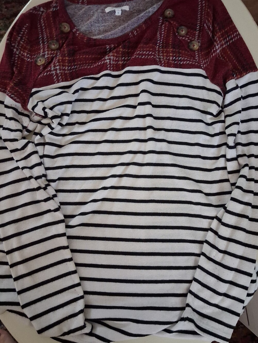 Maurices Burgundy Plaid & Black-White Stripe Long Sleeve Tee